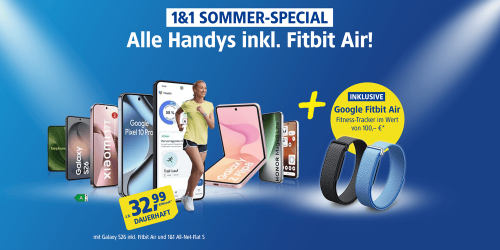 1&1 Sommer-Special: Alle Handys inkl. Fitbit Air