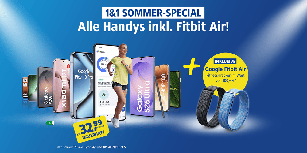 1&1 Sommer-Special: Alle Handys inkl. Fitbit Air