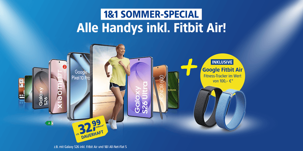 1&1 Sommer-Special: Alle Handys inkl. Fitbit Air